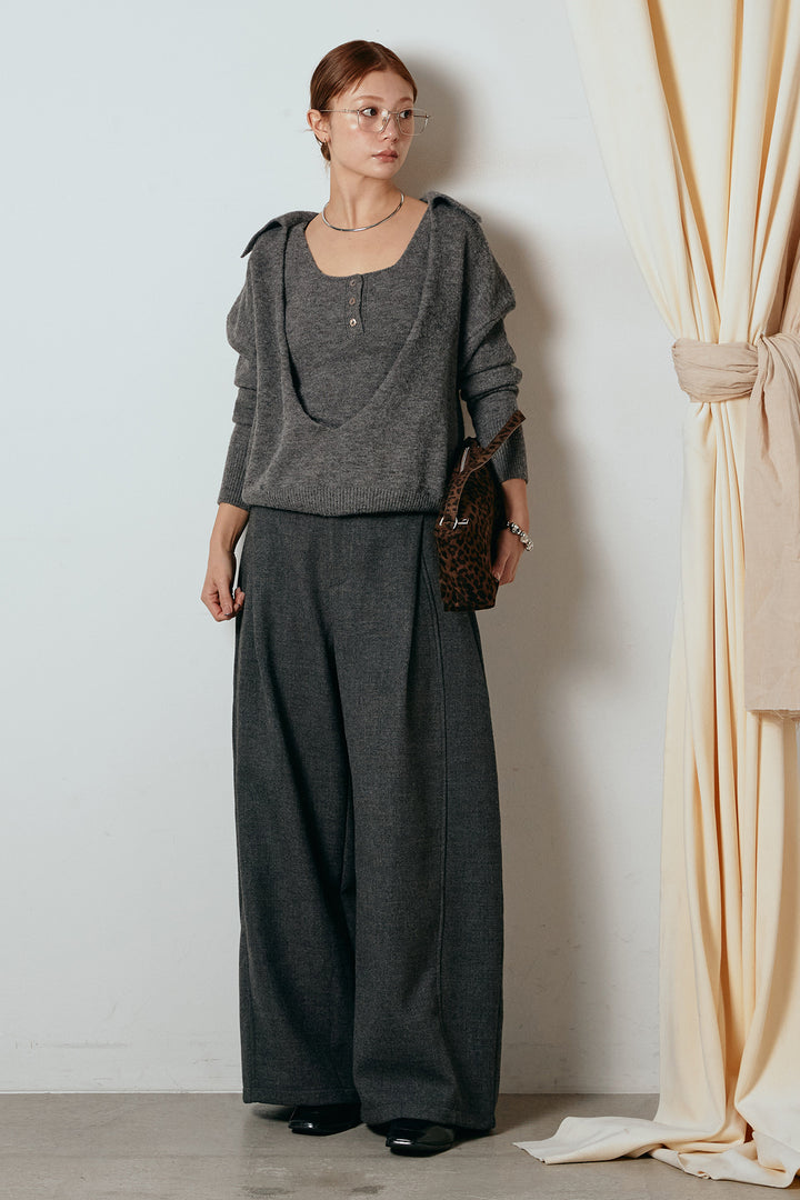 [SET]襟付きレイヤードニットトップス+ポーチベルト付きカーブパンツ(2set)