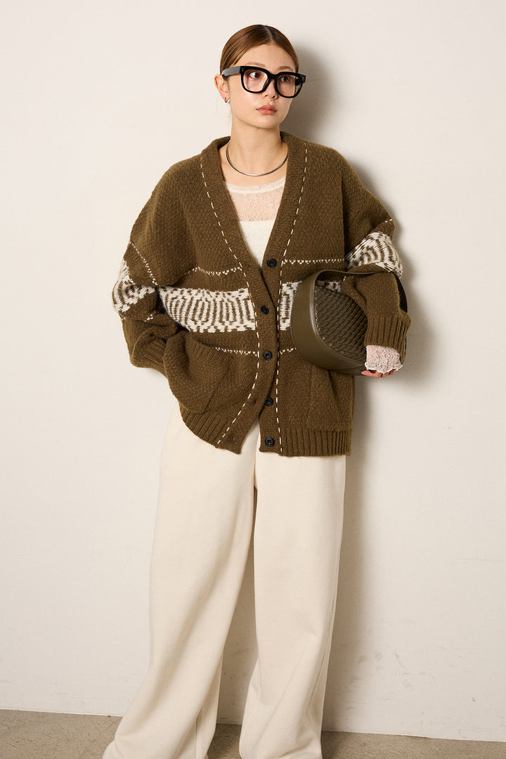 [SET]ライン柄ステッチニットカーディガン+2WAY袖コード刺繍クルーネックプルオーバー(2set)