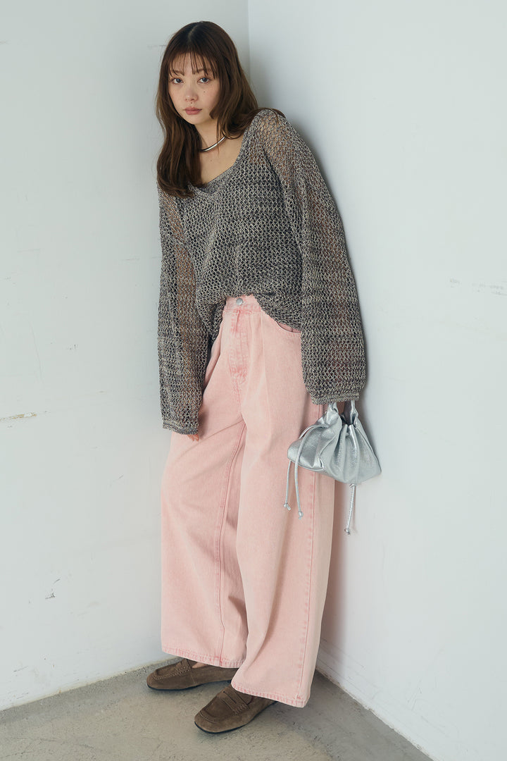 [SET]メッシュ編みビスチェセットVネックプルオーバー+カラーデニムタックカーブパンツ(2set)
