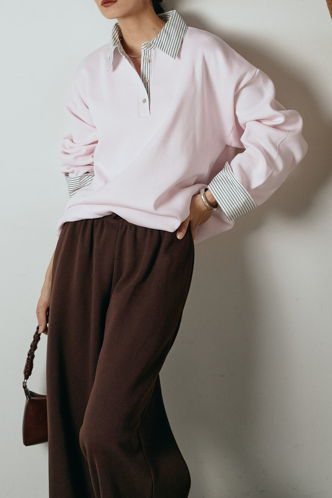 [SET]ストライプシャツドッキングポロトップス+裏起毛スウェットワイドパンツ(2set)