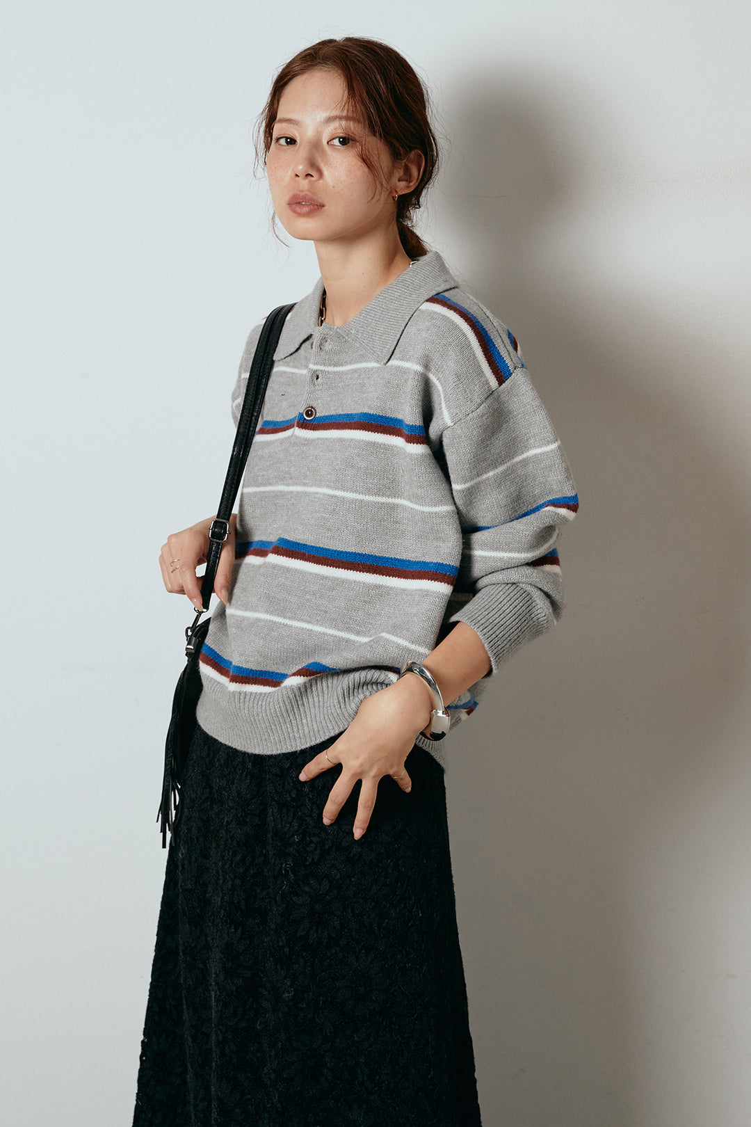 [SET]襟付きマルチボーダーニットポロトップス+花柄刺繍ベロアフレアスカート(2set)