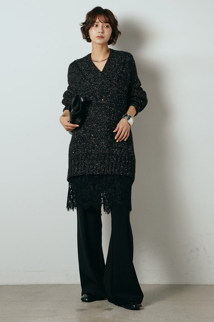 [SET]Vネックラメニットトップス+レース刺繍レイヤードフレアパンツ(2set)