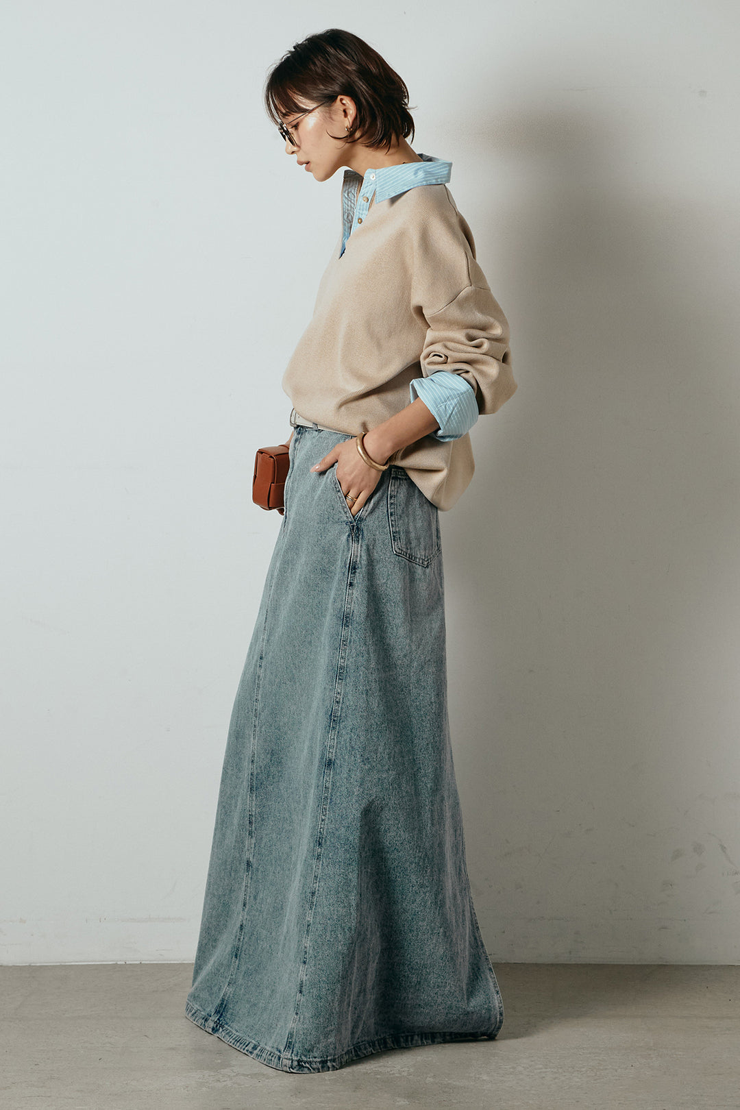 [SET]ストライプシャツドッキングポロトップス+デニムロングフレアスカート(2set)