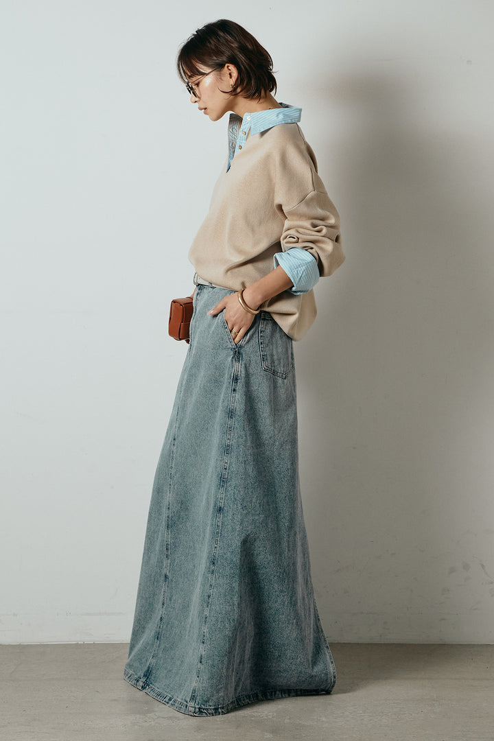 [SET]ストライプシャツドッキングポロトップス+デニムロングフレアスカート(2set)