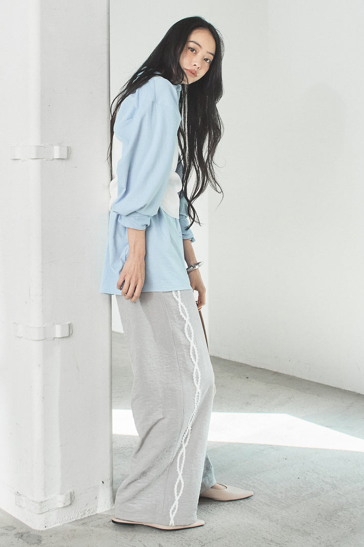 [SET]ニットキャミ付きシャツ+刺繡テープラインパンツ(2set)