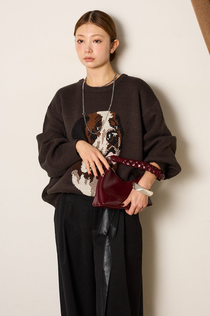 [SET]アニマルジャガード柄ニットトップス+巻ベルトウエストレザーライクワイドパンツ(2set)