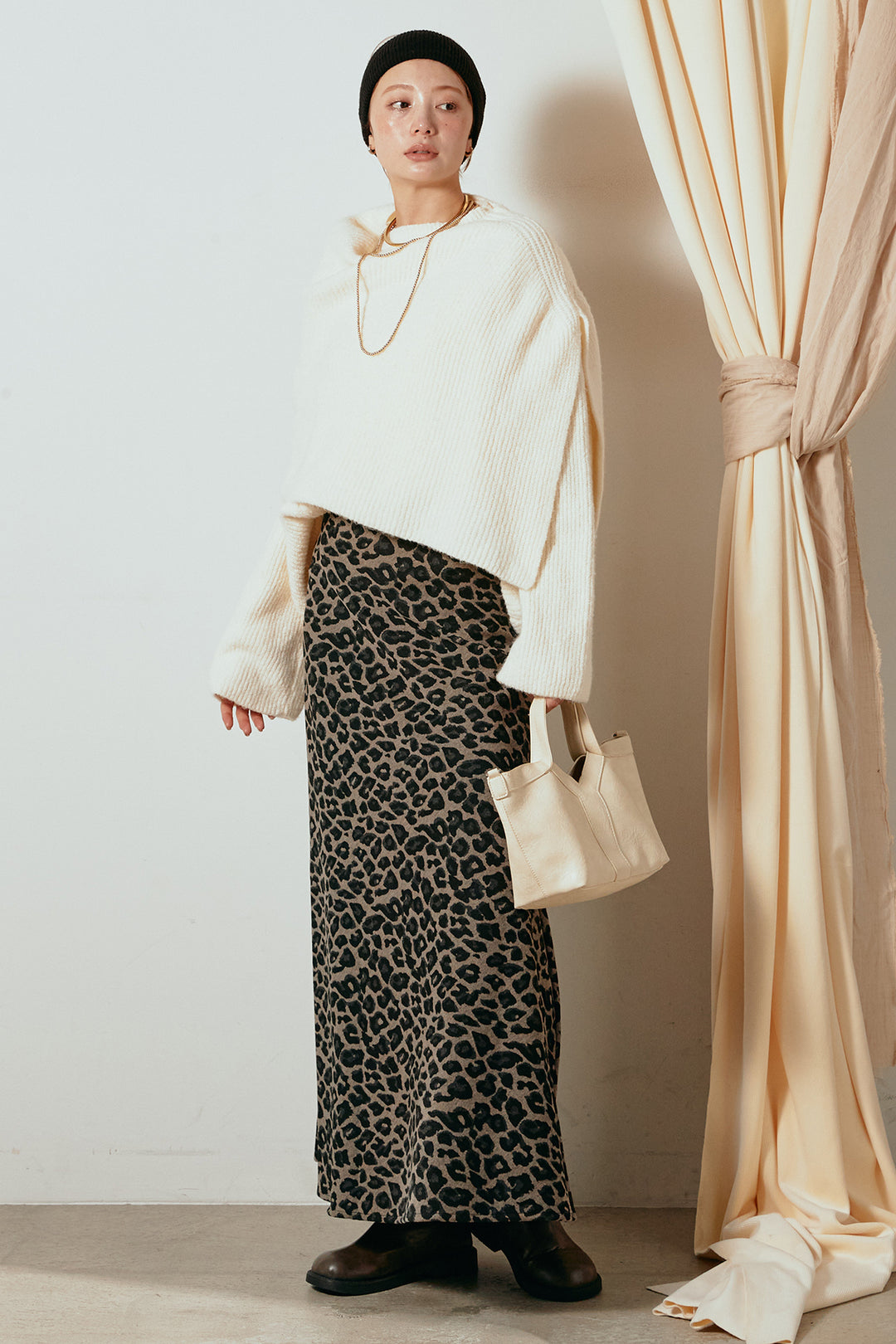 [SET]ケープデザインリブニットトップス+レオパードロングスカート(2set)