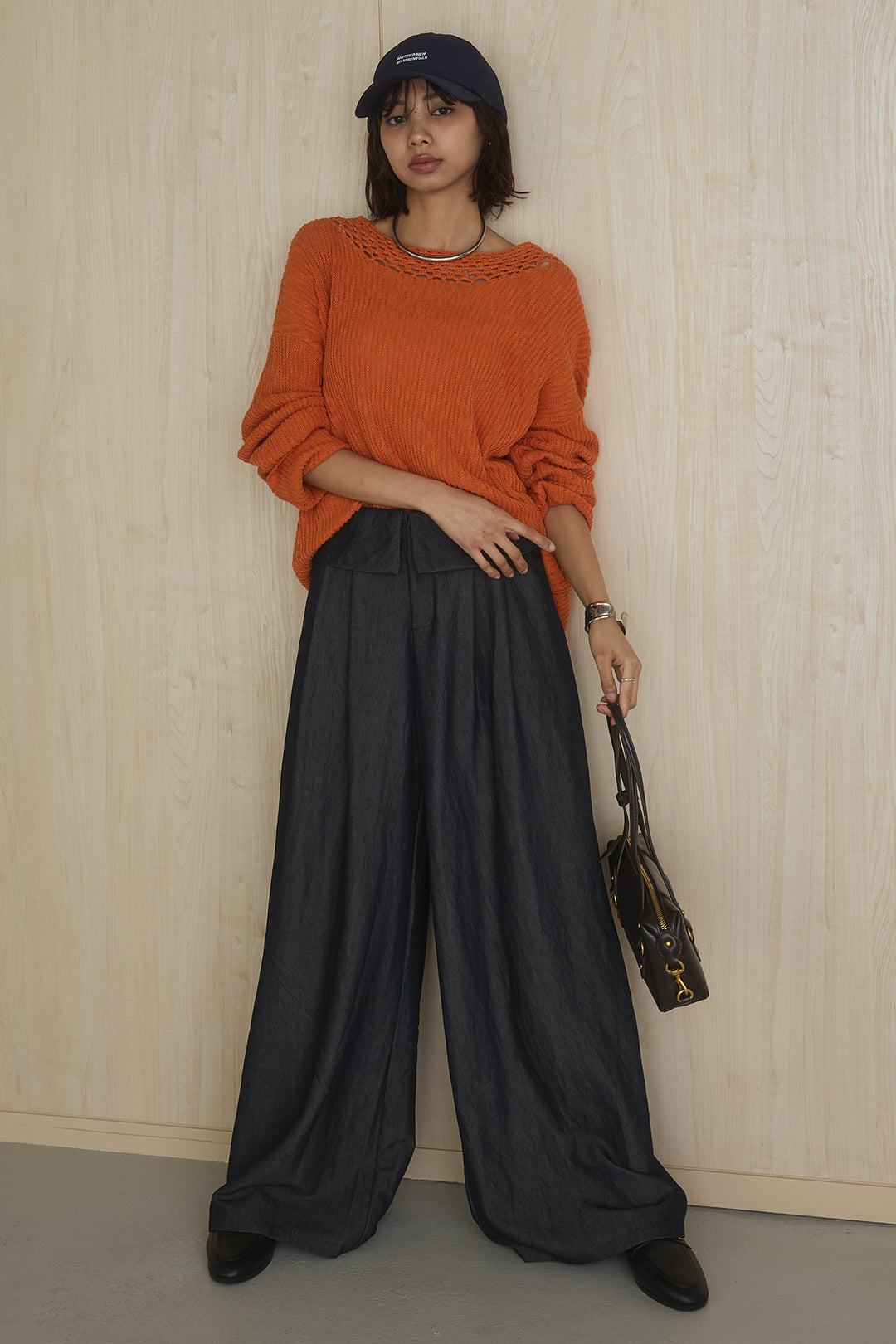 [SET]ネック編みデザインニットトップス+ウエスト折り返しワイドパンツ(2set)