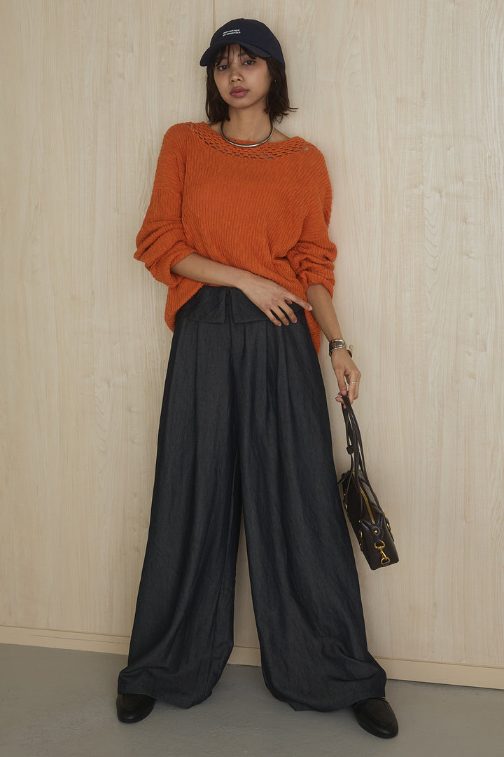 [SET]ネック編みデザインニットトップス+ウエスト折り返しワイドパンツ(2set)