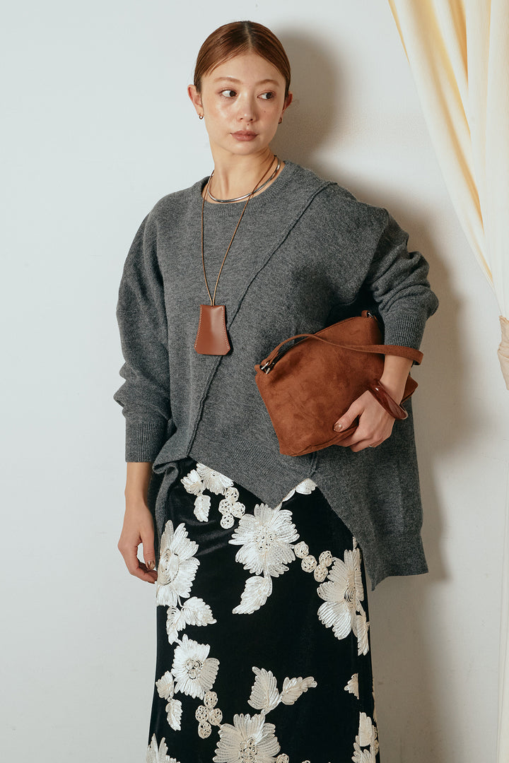 【着回しセット】[SET]アシンメトリーデザインニットトップス+センターラインニットパンツ+フラワー刺繍ワイドスカート(3set)