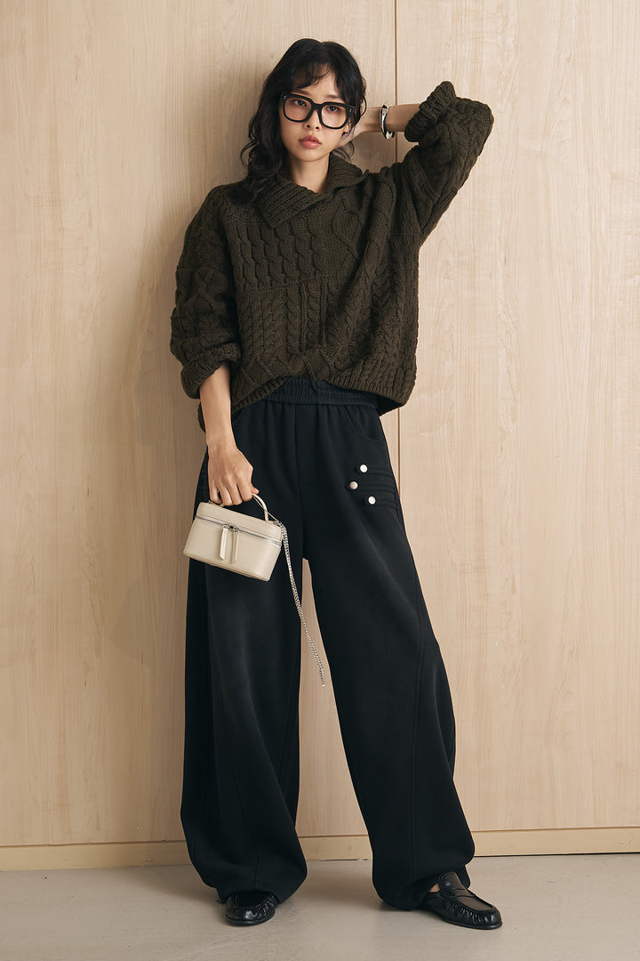 [SET]スタンドカラーローゲージニットトップス+ナポレオンディテールカーブパンツ(2set)