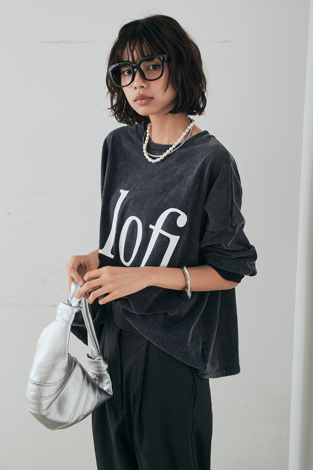 [SET]裾センタードロストロゴプリントワイドTシャツ+センタープレスセミワイドパンツ(2set)