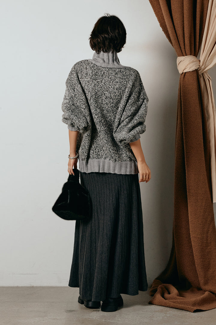 [SET]ハイネックミックスニットカーディガン+編み地切り替えフレアニットスカート(2set)