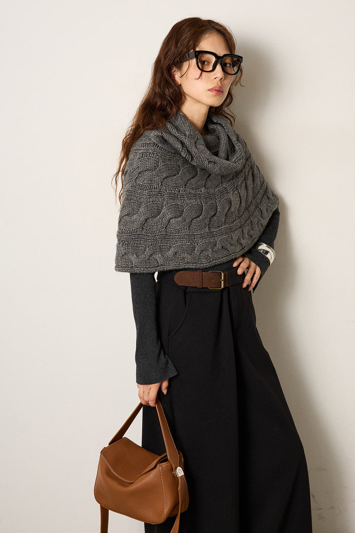 [SET]ケーブル編みケープレイヤードニット+サイドベルトパンツ(2set)