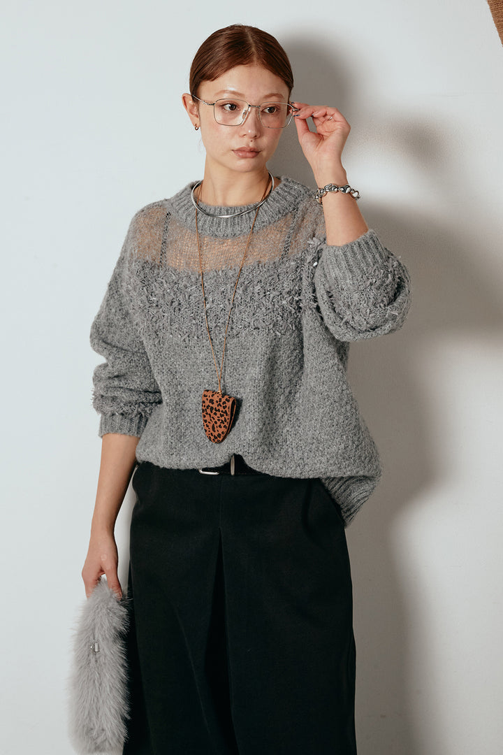 [SET]パターンランダム編みニットトップス+ベルト付きフロントタックデザインパンツ(2set)