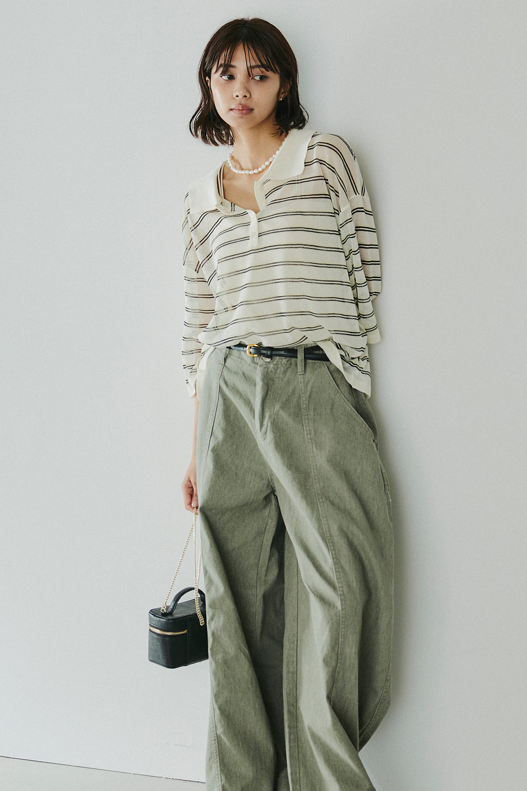 [SET]ボーダーニットポロシャツ+サイドベルトカーブワイドパンツ(2set)