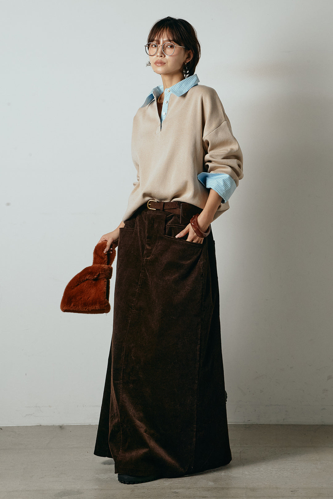 [SET]ストライプシャツドッキングポロトップス+ポーチベルト付きコーデュロイワイドスカート(2set)