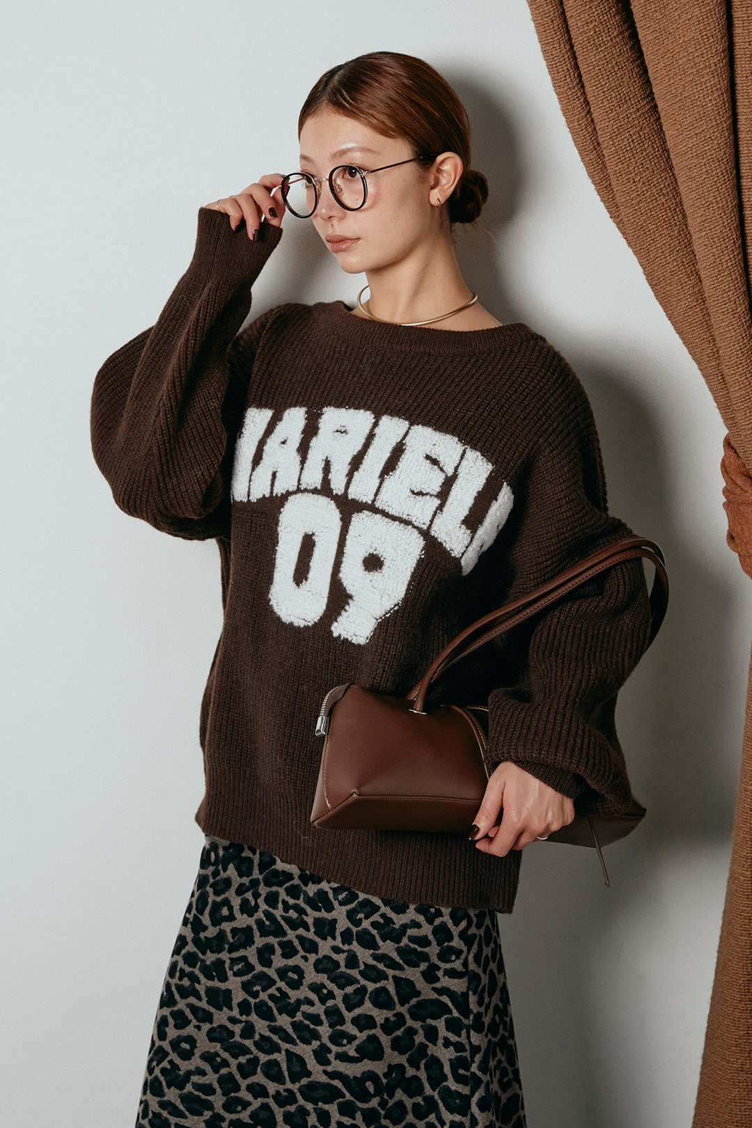 [SET]ロゴジャガードニットトップス+レオパードロングスカート(2set)