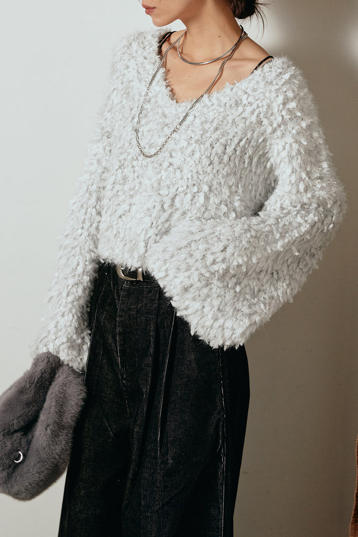 [SET]深Vネックチョウチョヤーンニットトップス+フロントタック入りコーデュロイパンツ(2set)