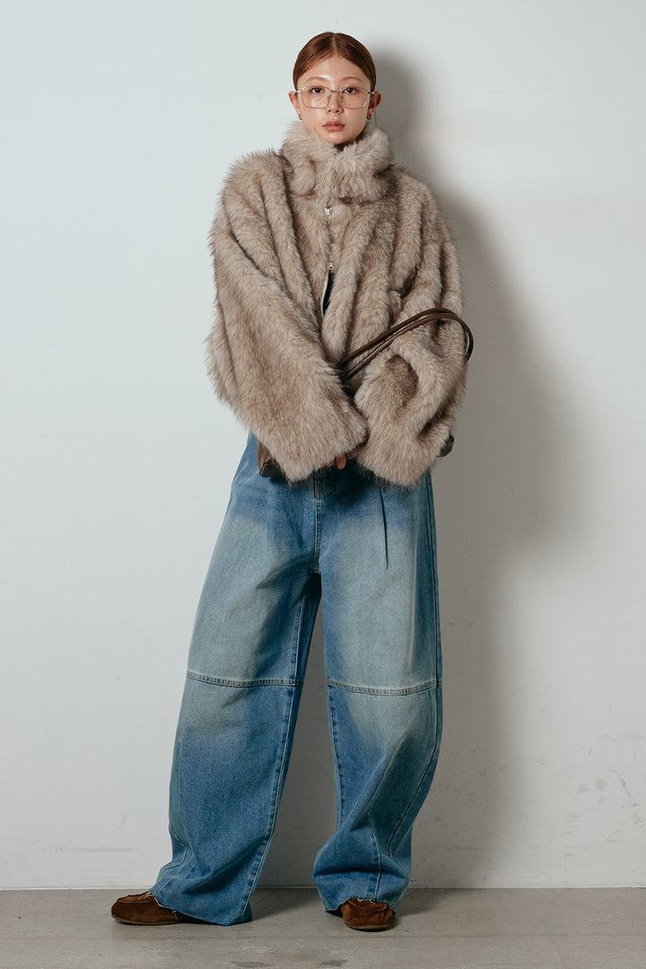 [SET]エコファーショート丈ブルゾン+加工デニムタックコクーンワイドパンツ(2set)