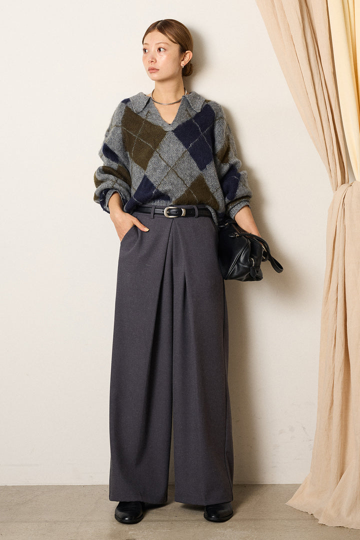 [SET]アクリルモヘアアーガイルキーネックプルオーバー+フロントワイドタックネップ入ワイドパンツ(2set)