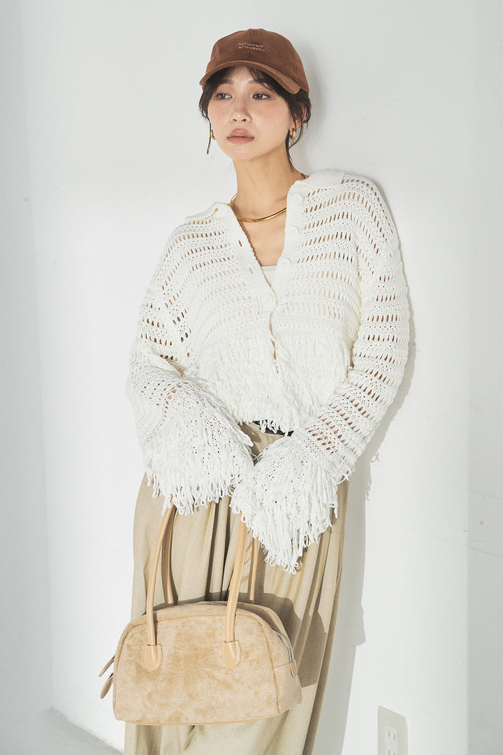 [SET]メッシュフリンジカーディガン+編みベルト付きウエストタックワイドパンツ(2set)