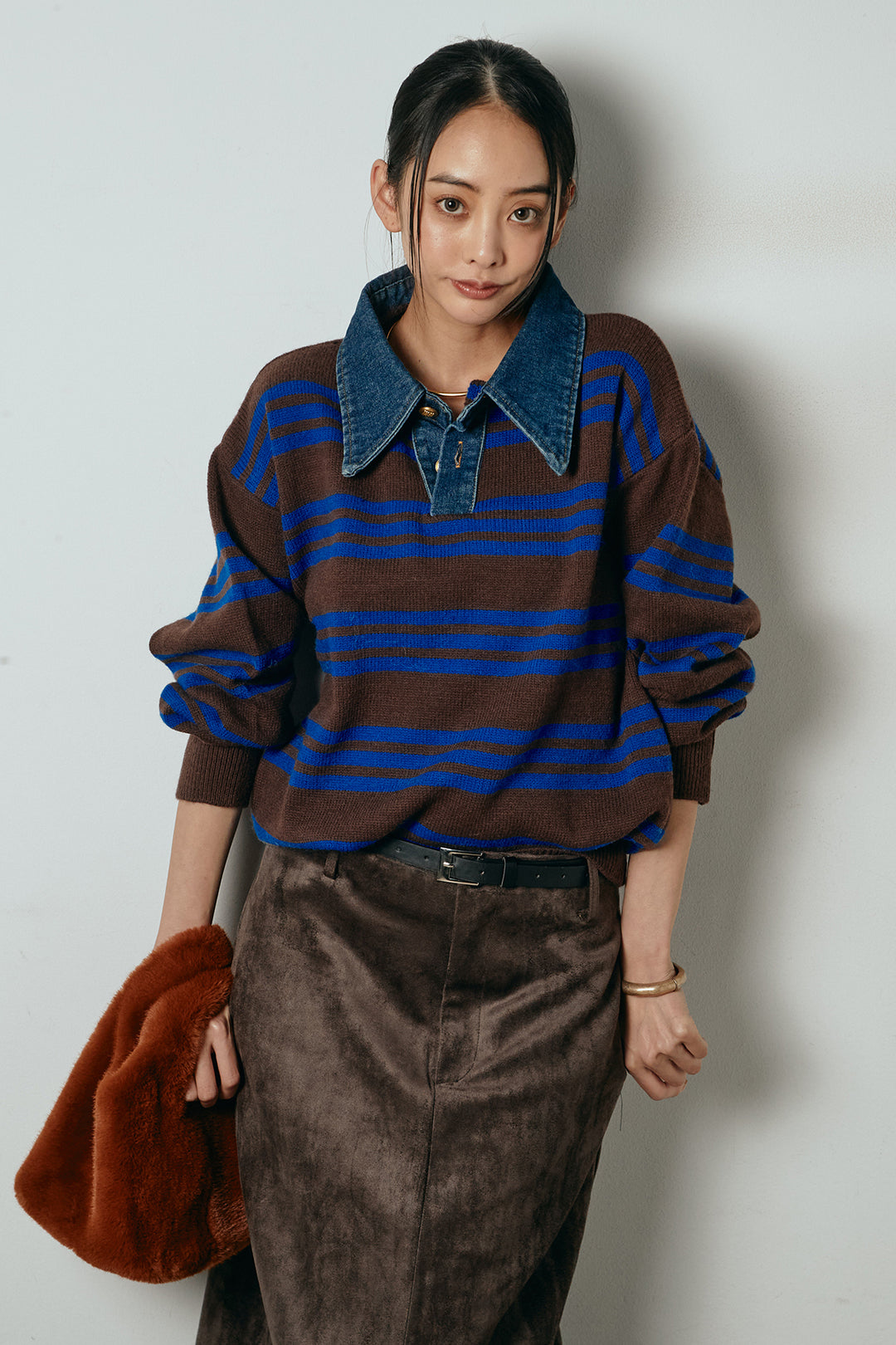 [SET]デニムレイヤード風ランダムボーダーニットプルオーバー+エコスウェードワイドスカート(2set)