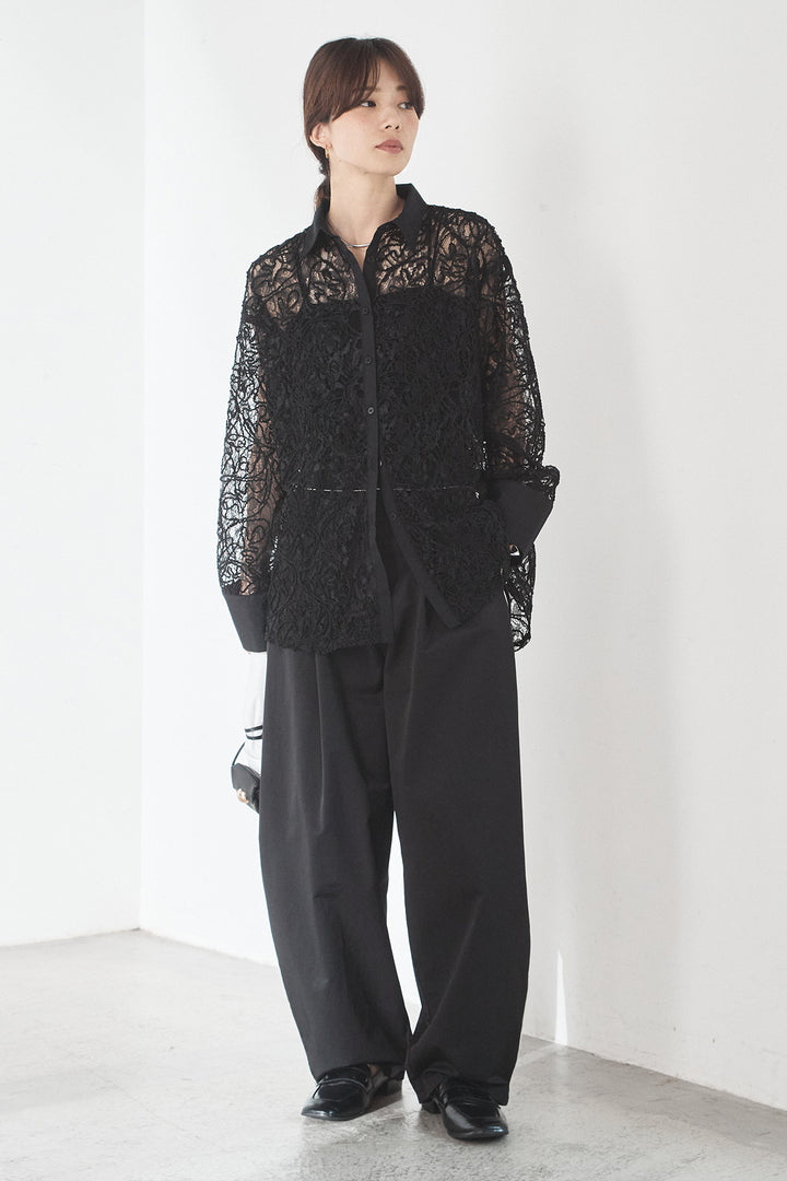 [SET]刺繍レースオーバーサイズシャツ+合繊ツイルパイピングタックカーブパンツ(2set)