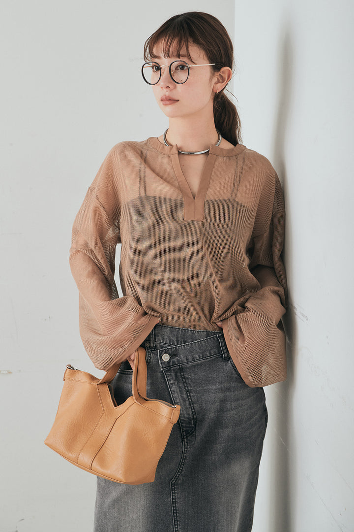 [SET]メッシュカットソースキッパープルオーバー+ウエストクロスデニムタイトスカート(2set)