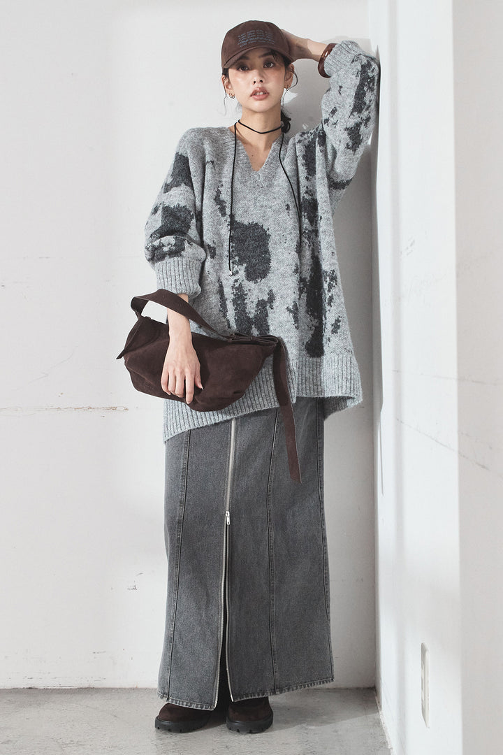 [SET]アブストラクト柄ニットプルオーバー+フロントジップデニムスカート(2set)