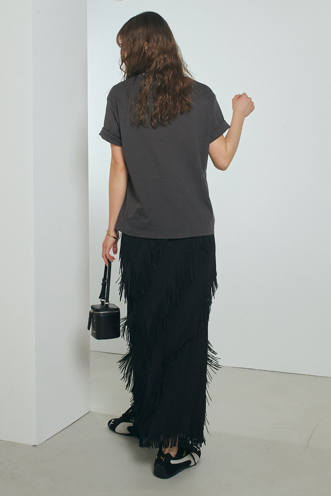 [SET]半袖TIMEロゴカットソー+斜めフリンジデザインスカート(2set)