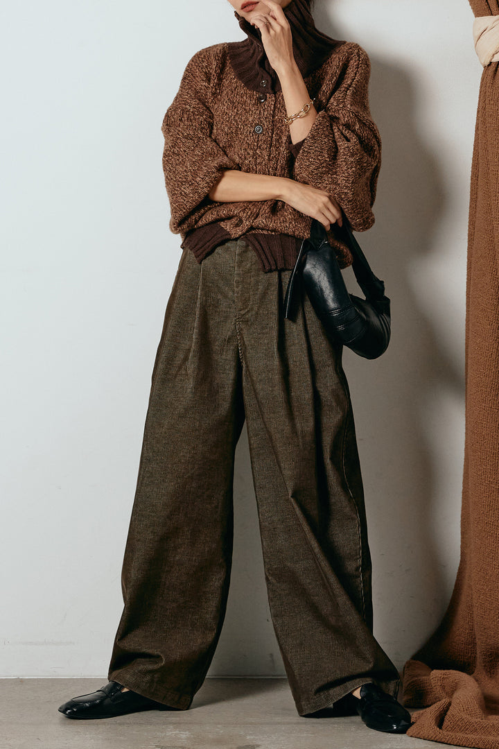 [SET]ハイネックミックスニットカーディガン+フロントタック入りコーデュロイパンツ(2set)