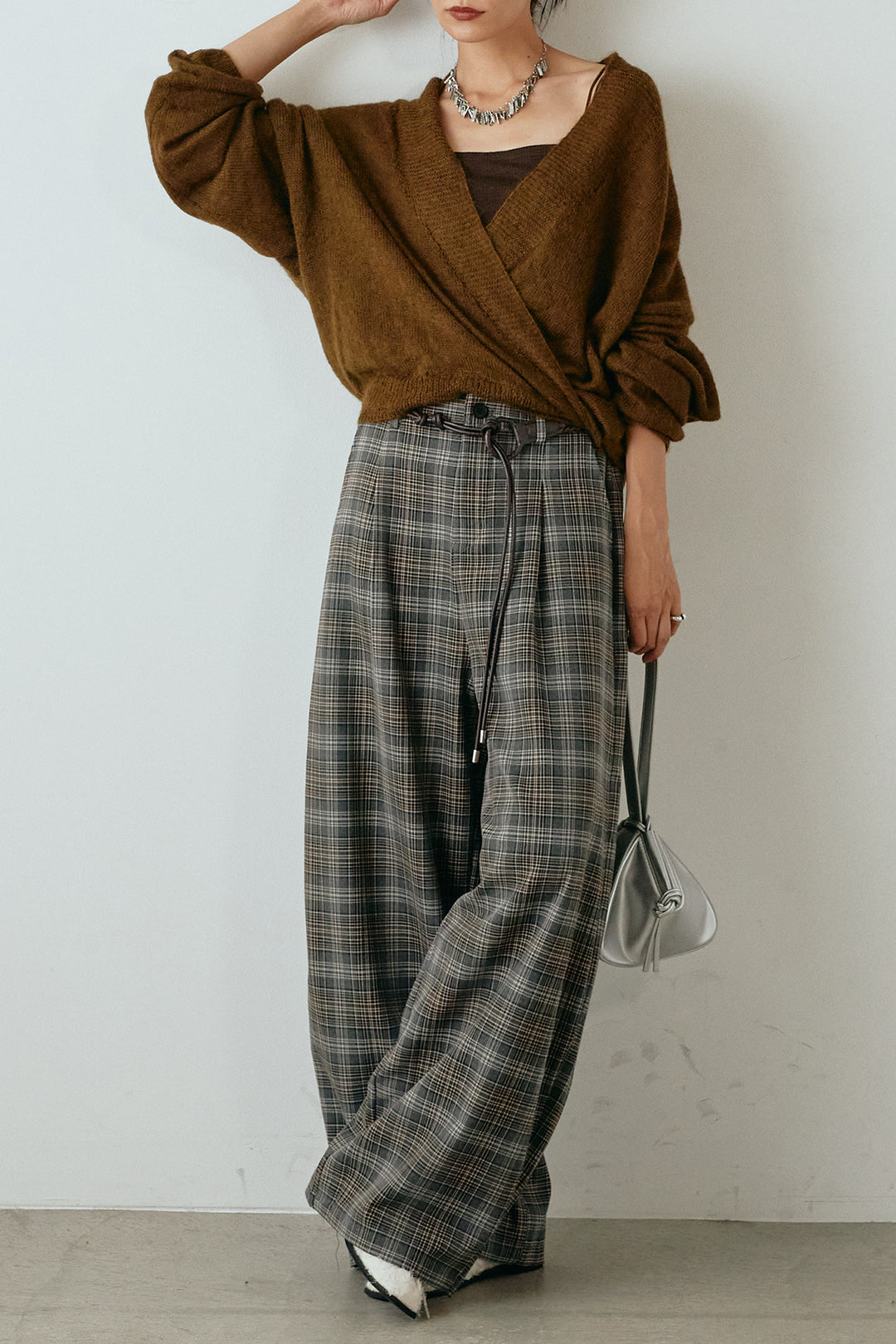 [SET]カシュクールデザインニット+編みベルト付きタータンチェックワイドパンツ(2set)
