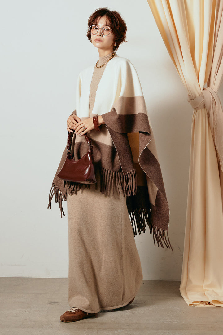 [SET]裾フリンジ柄ポンチョアウター+ノースリーブニットロングワンピース(2set)