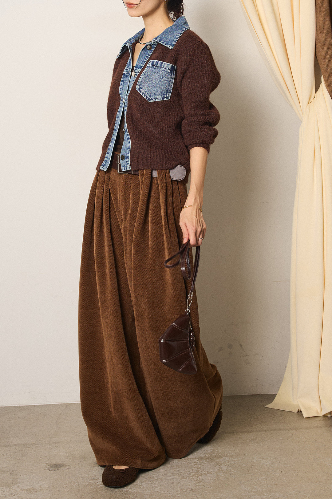 [SET]襟付きデニム切替ニットカーディガン+ベルトループコーデュロイワイドパンツ(2set)