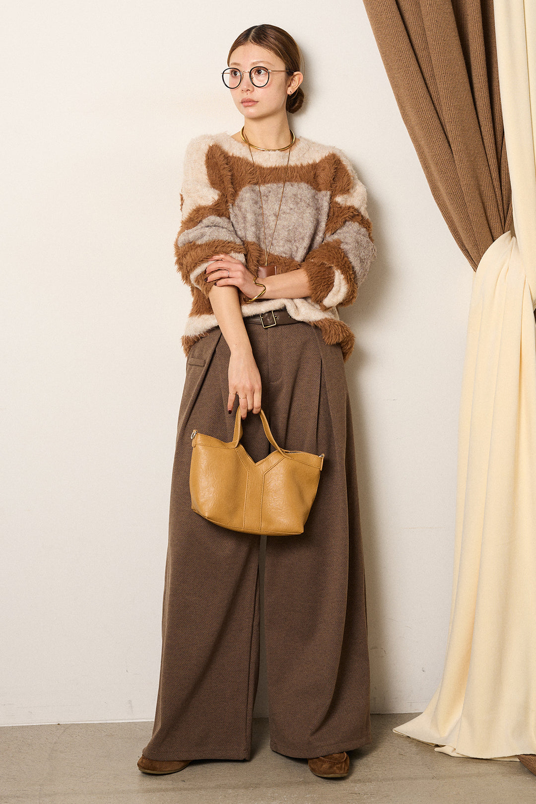 [SET]シャギーウェーブ柄クルーネックニットトップス+細ベルト付き起毛タックワイドパンツ(2set)