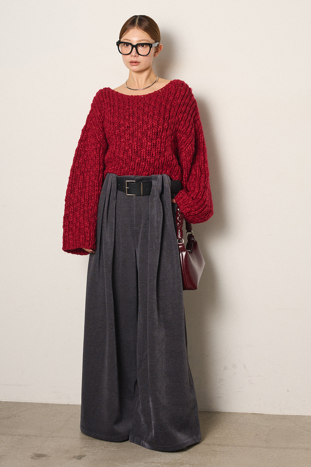 [SET]チャンキースラブニットクロップドプルオーバー+ベルトループコーデュロイワイドパンツ(2set)