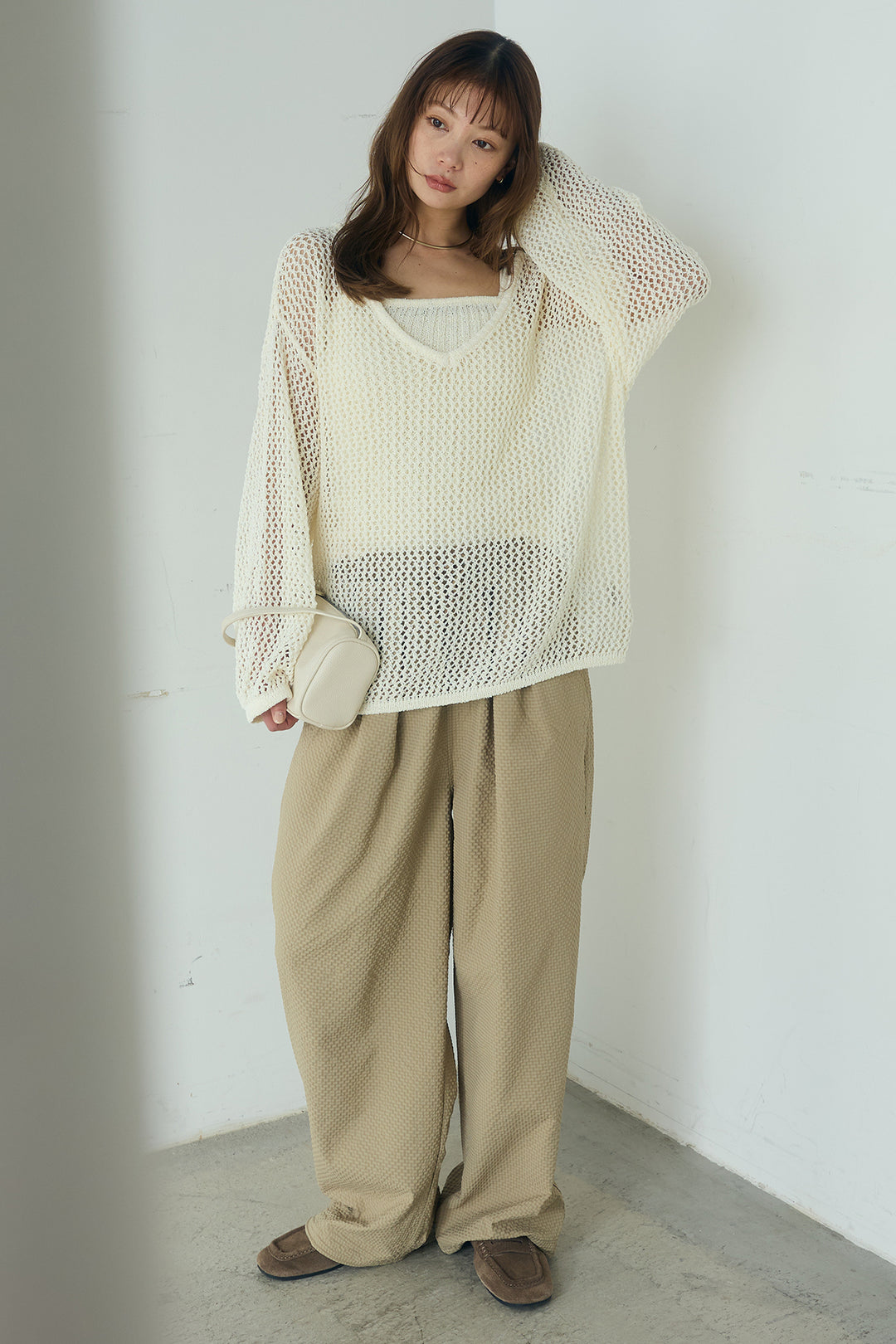 [SET]メッシュ編みビスチェセットVネックプルオーバー+シアサッカーイージーパンツ(2set)