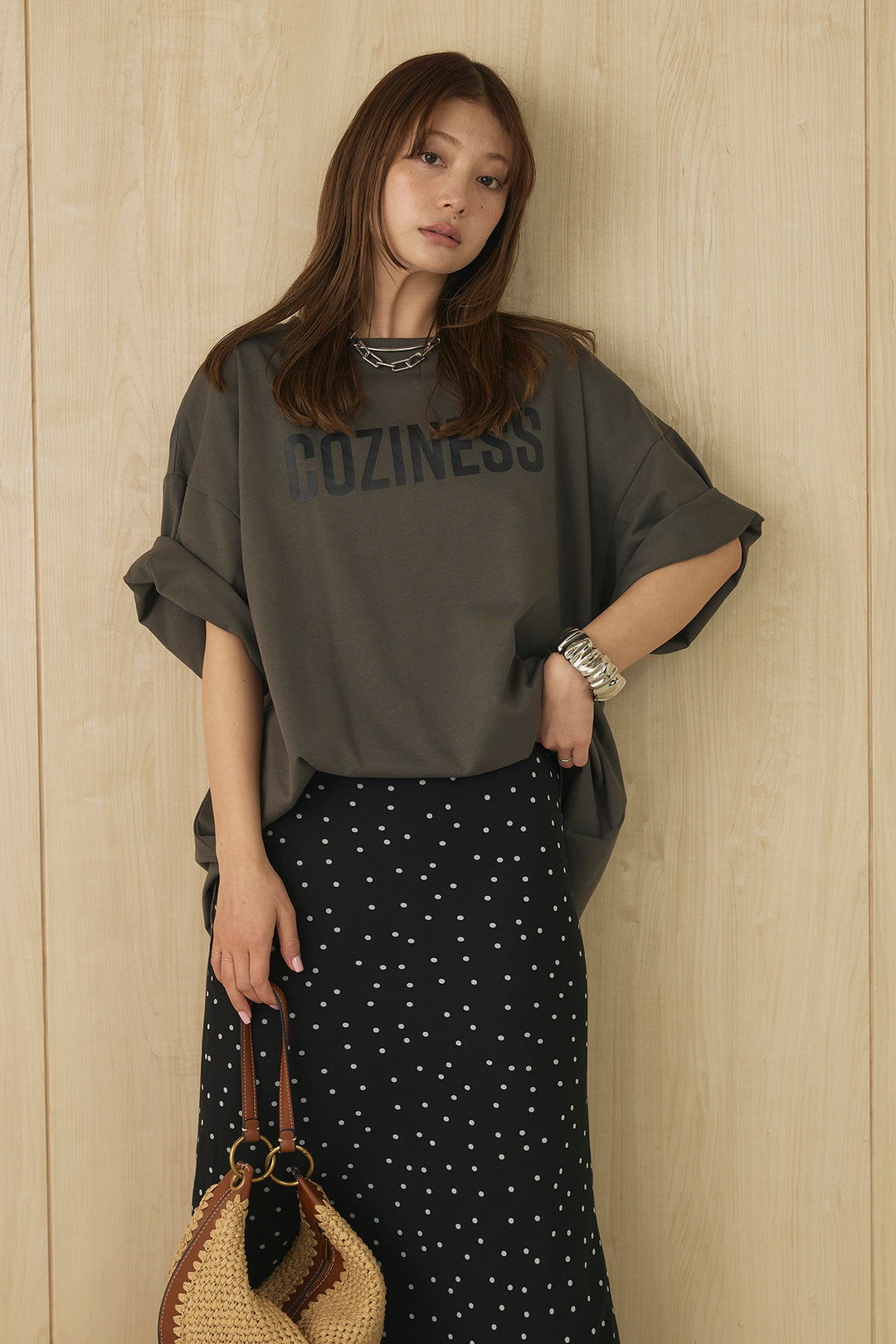 [SET]プリントロゴチュニックTシャツ+ドットサテンナロースカート(2set)