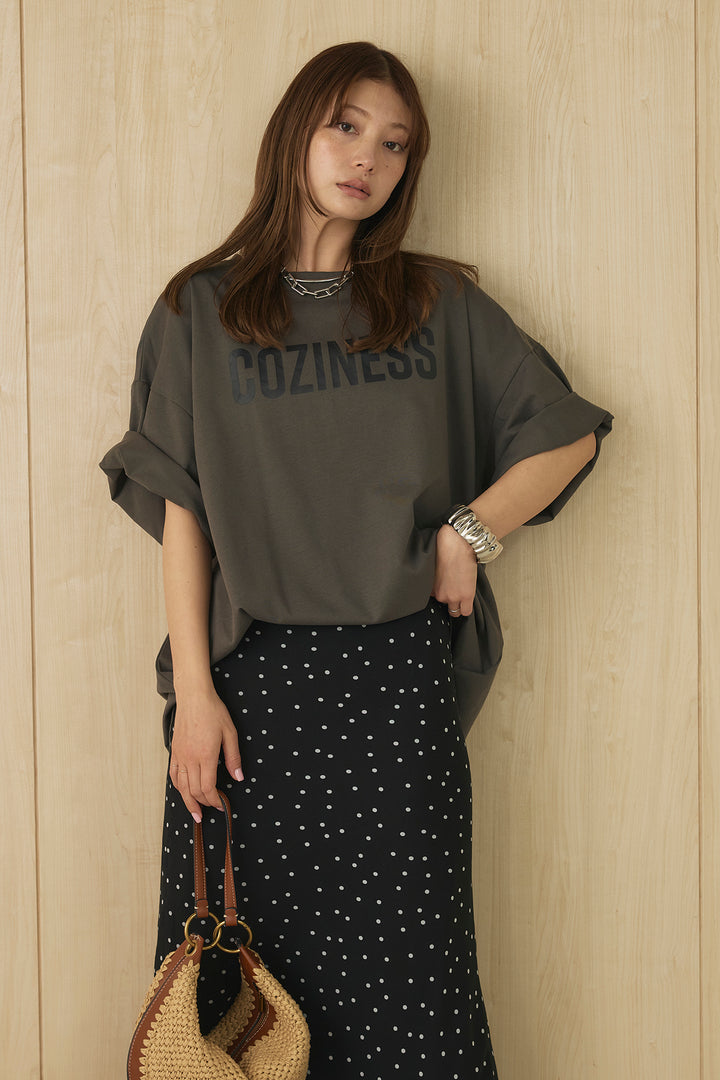 [SET]プリントロゴチュニックTシャツ+ドットサテンナロースカート(2set)