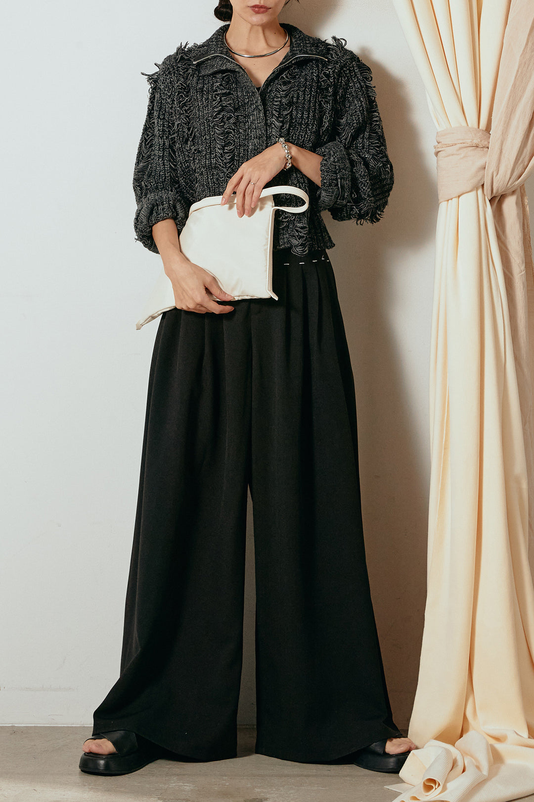 [SET]ハイネックフリンジジップニットトップス+ウエストステッチデザインワイドスラックス(2set)