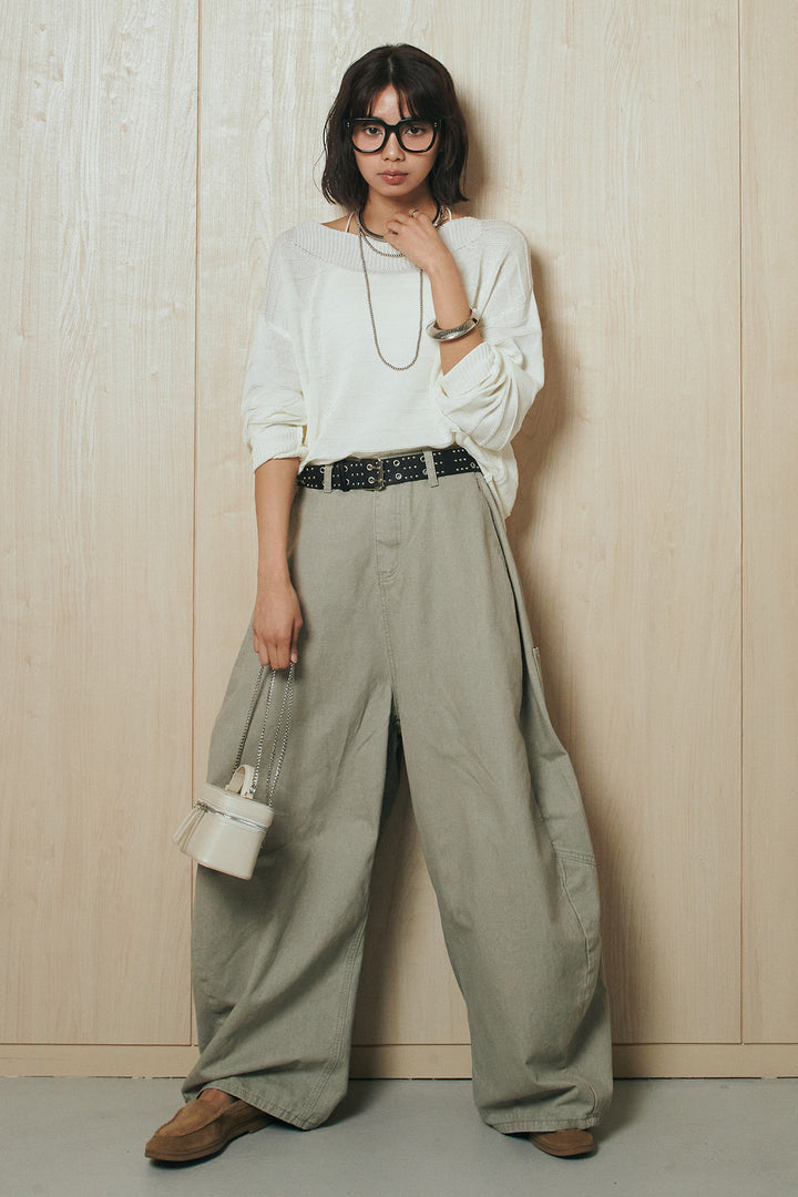 [SET]麻混リラックスニットトップス+ベルト付きカラーデニムパンツ(2set)