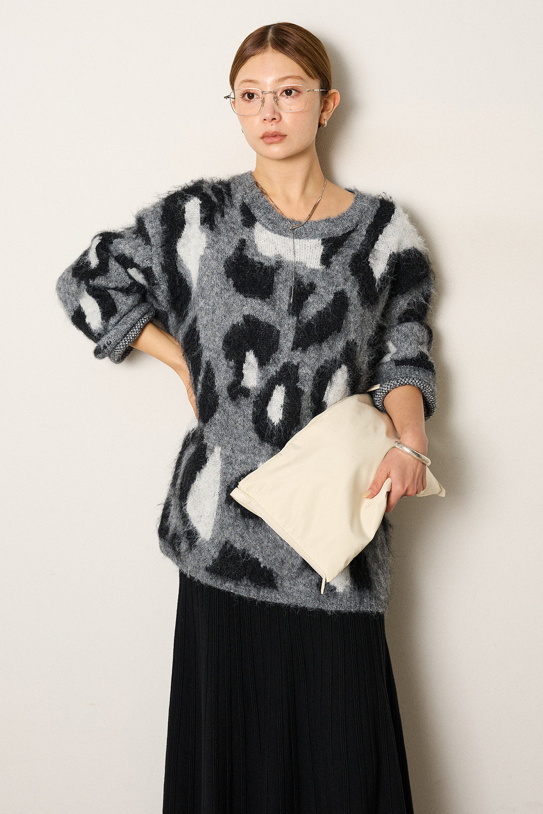 [SET]ルーズアニマルモヘアニットトップス+編み地切り替えフレアニットスカート(2set)