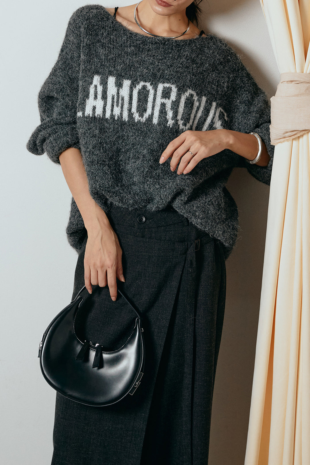 [SET]フロントロゴデザインニットトップス+ラップ巻きワイドスラックス(2set)