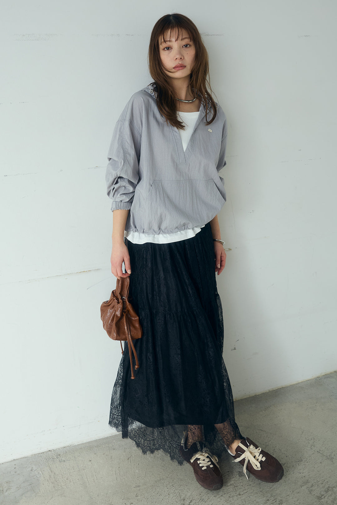 [SET]レイヤードデザインフーディートップス+ひげレース切替ロング丈スカート(2set)