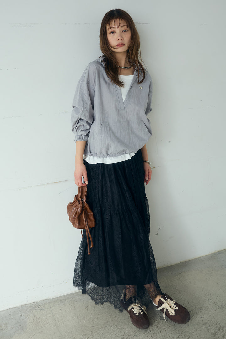 [SET]レイヤードデザインフーディートップス+ひげレース切替ロング丈スカート(2set)