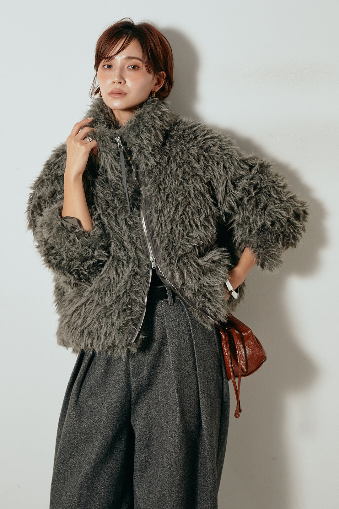 [SET]ミックスシープファースタンドブルゾン+フェイクウールタックトラウザーズパンツ(2set)