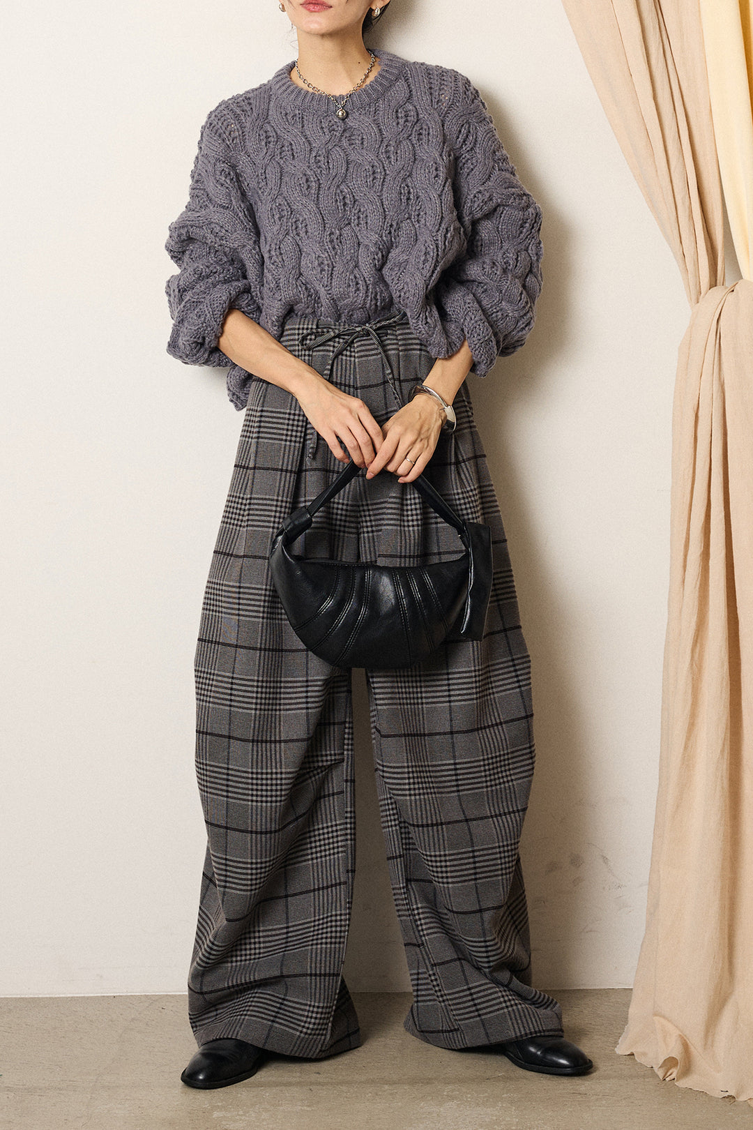 [SET]ケーブルリラックスショートニット+グレンチェックルーズタックパンツ(2set)