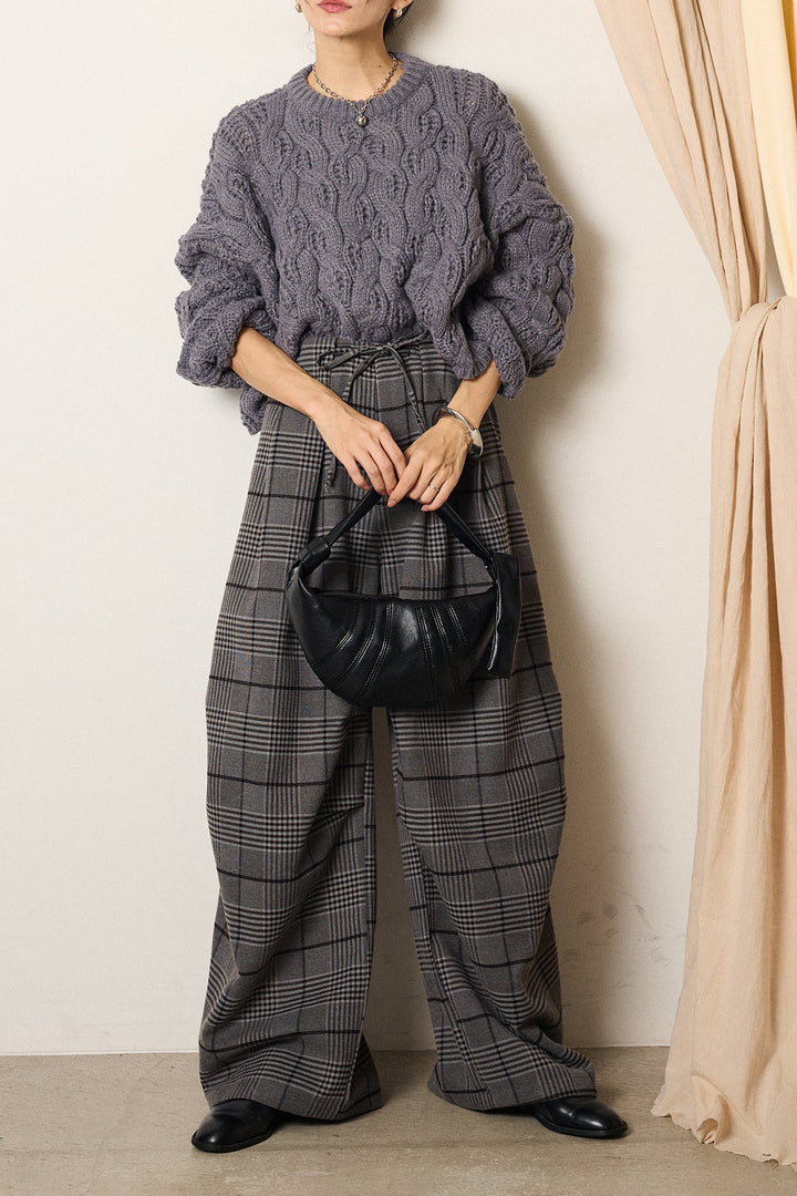 [SET]ケーブルリラックスショートニット+グレンチェックルーズタックパンツ(2set)