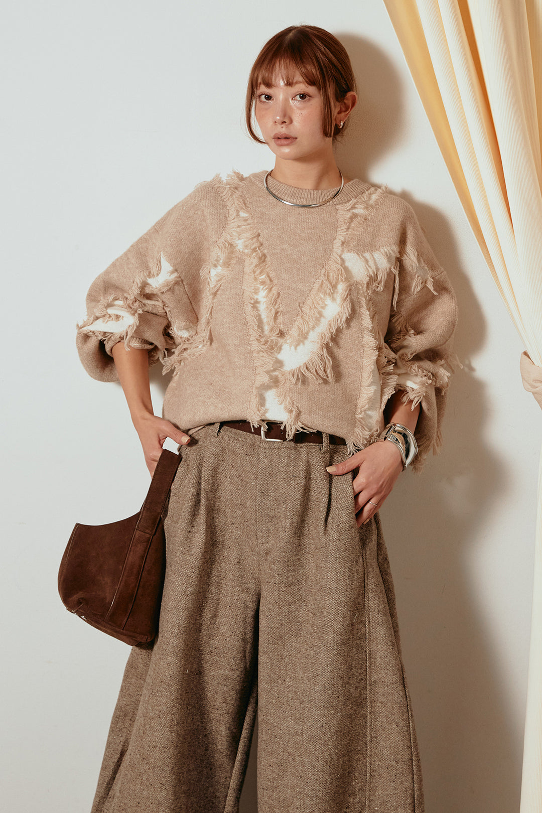 [SET]シャギージャガードニットトップス+ベルト付きネップツイードカーブパンツ(2set)